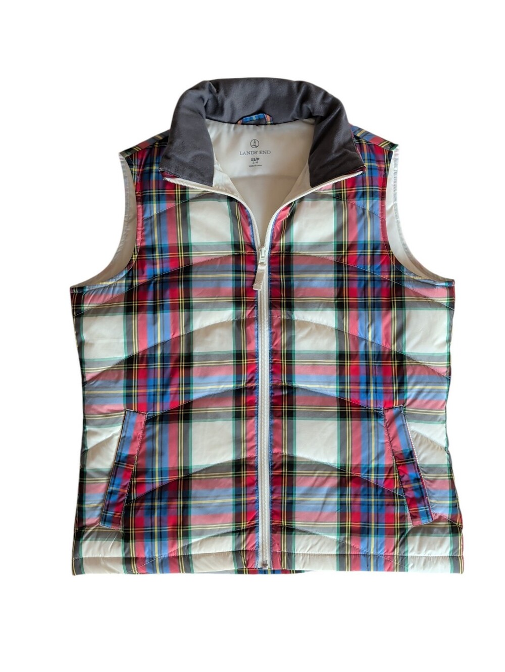 Lands' End Down Filled Plaid Puffer Vest XS/P (2-4) Red Blue Pockets